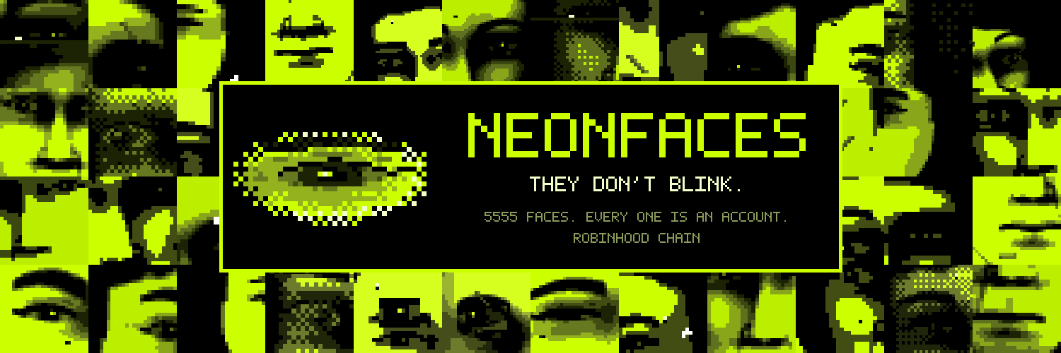 A mosaic of pixel-art NEONFACES in neon yellow and black around a pixel eye and the words: They don't blink.